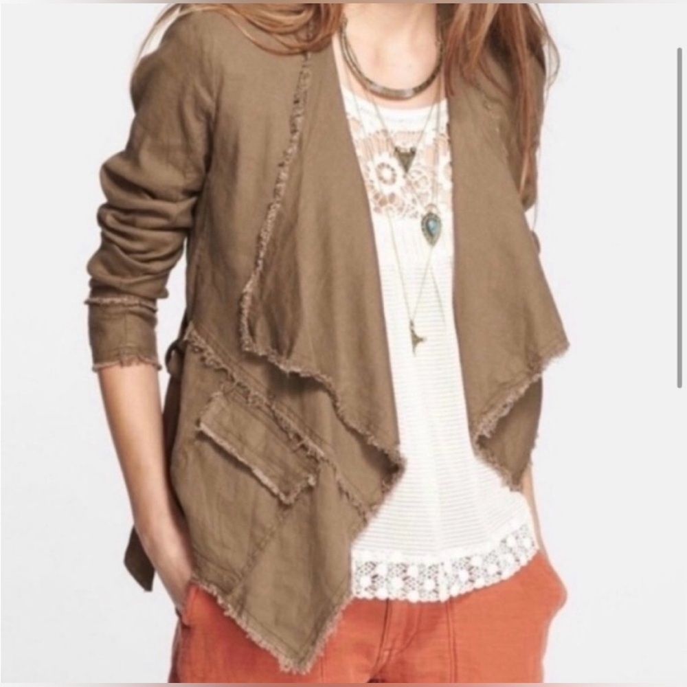 Free People Raw Hem Femme Linen Open Front Waterfall Drape Jacket Utility Coat